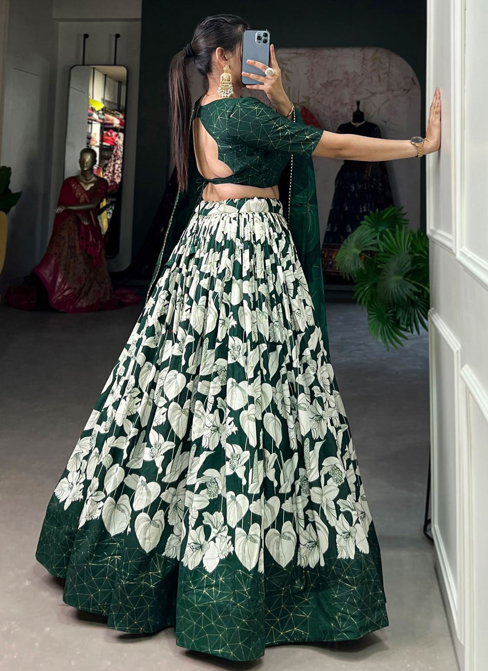 Floral Printed Tussar Silk A - Line Lehenga - L1787