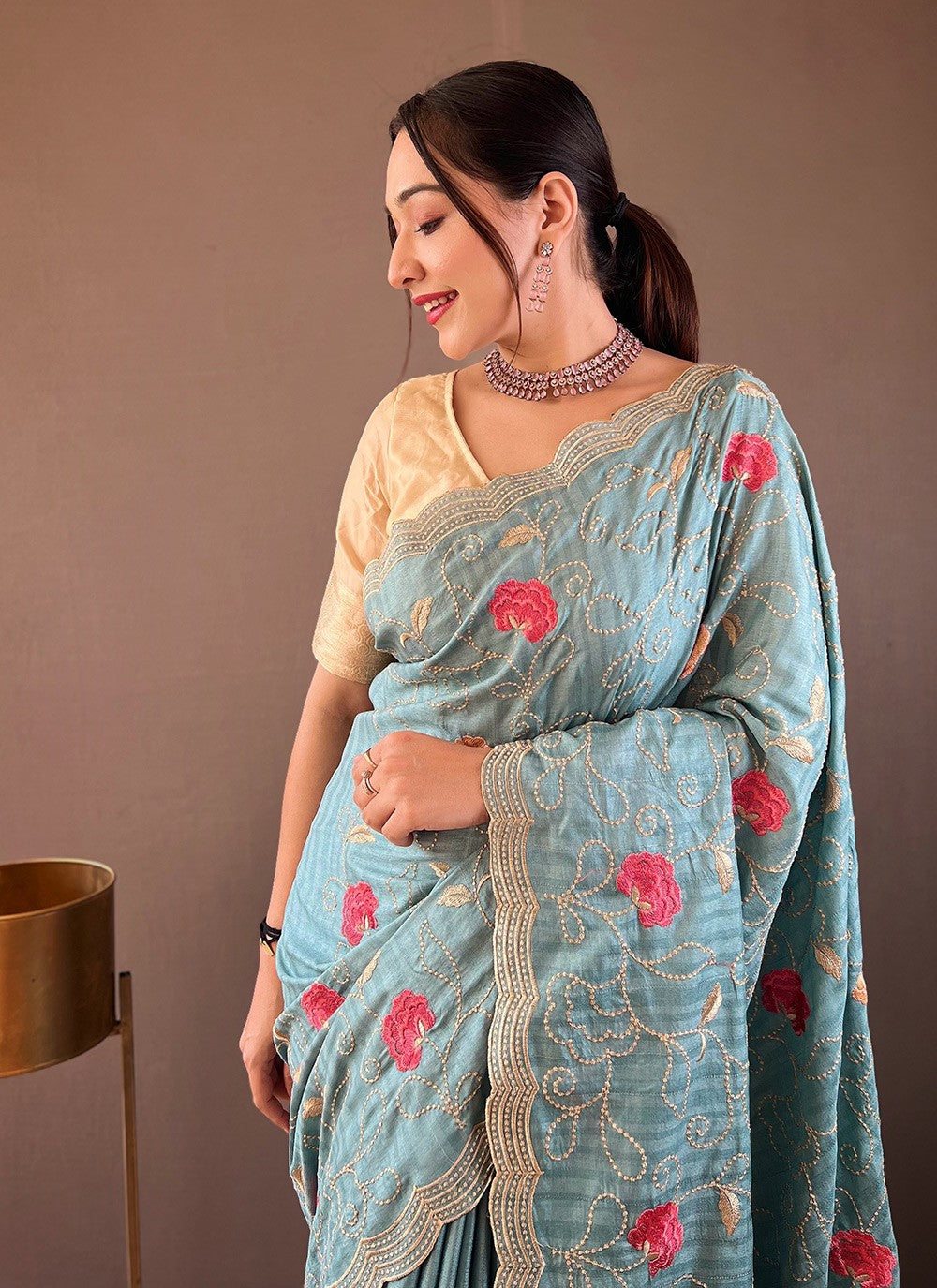 Traditional Embroidered Tussar Silk Saree - S5958