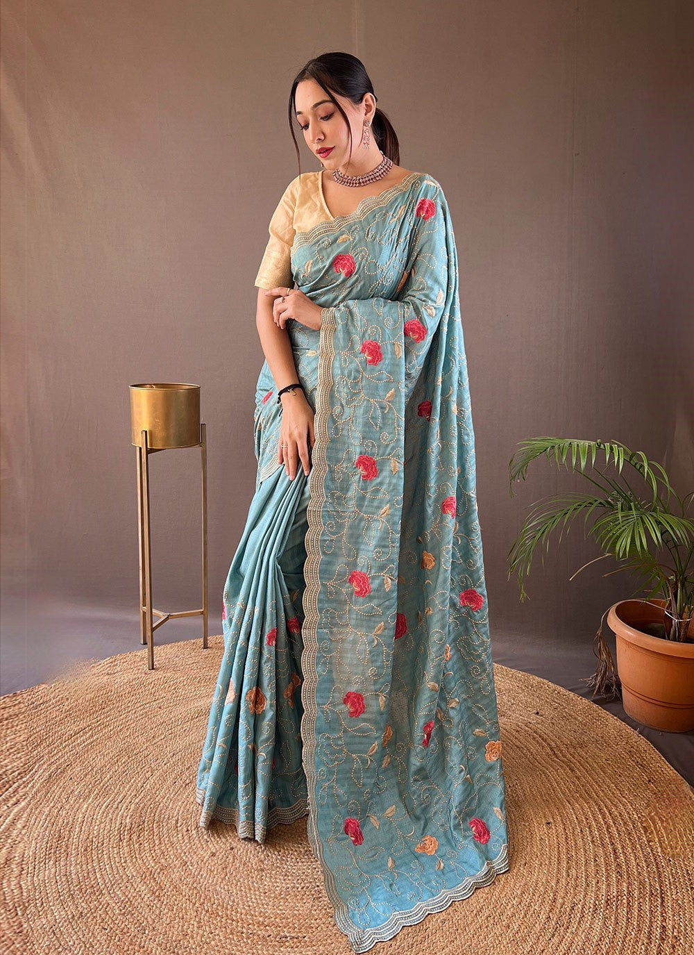 Traditional Embroidered Tussar Silk Saree - S5958