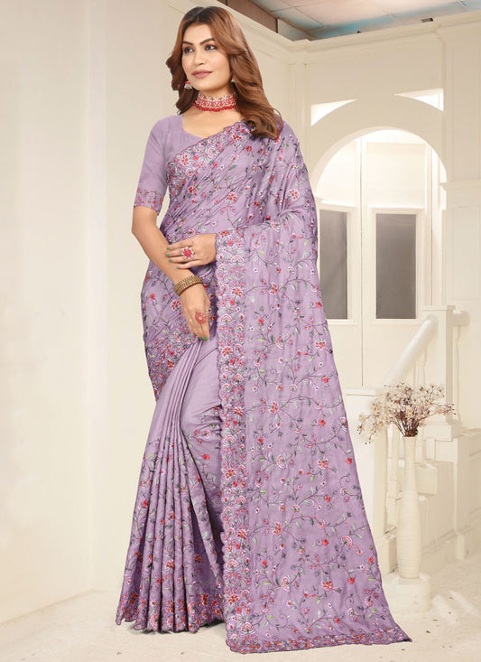 Traditional Cut Work Tussar Silk Lavender Saree - S11237