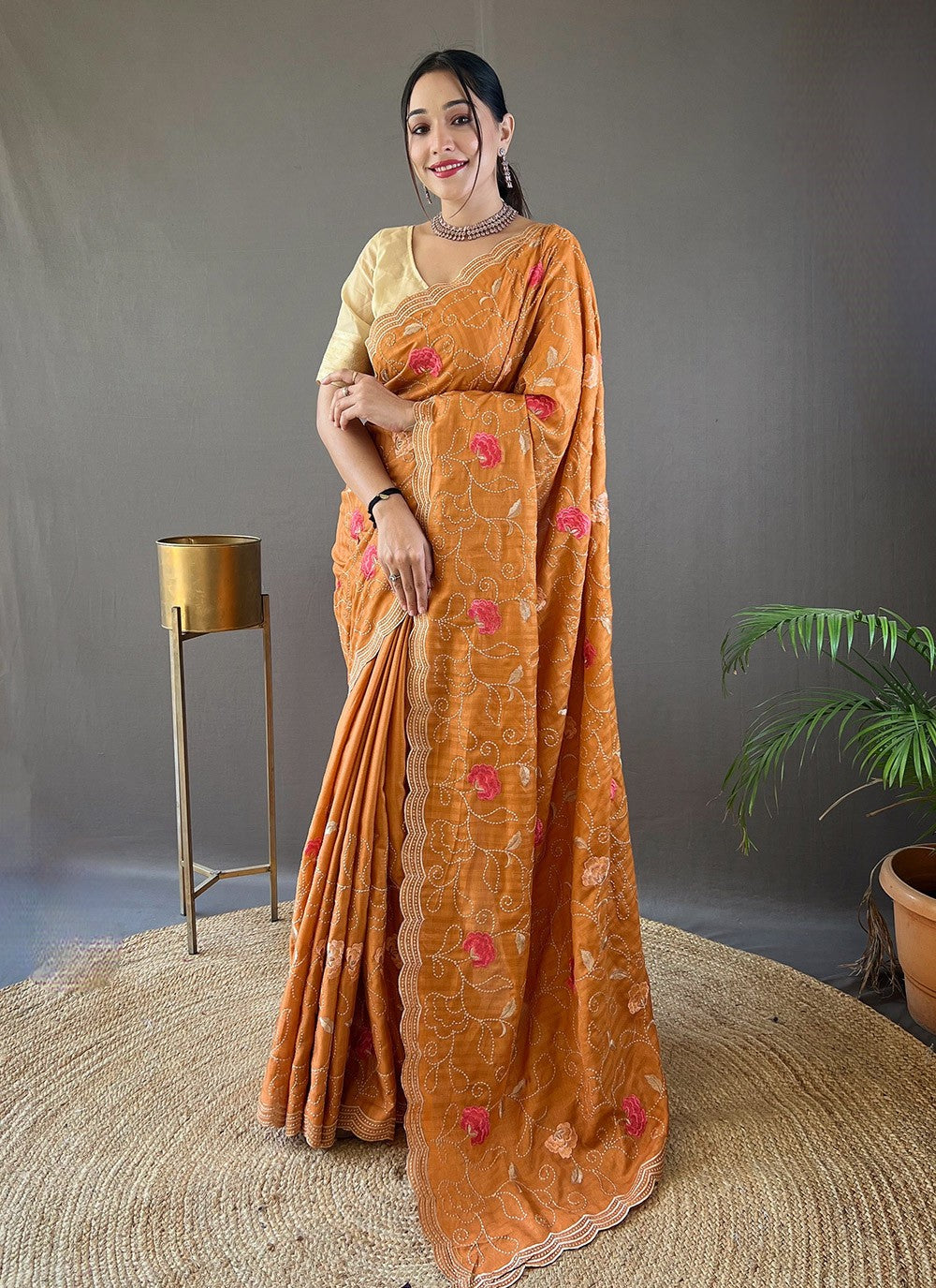 Traditional Embroidered Tussar Silk Saree - S5958