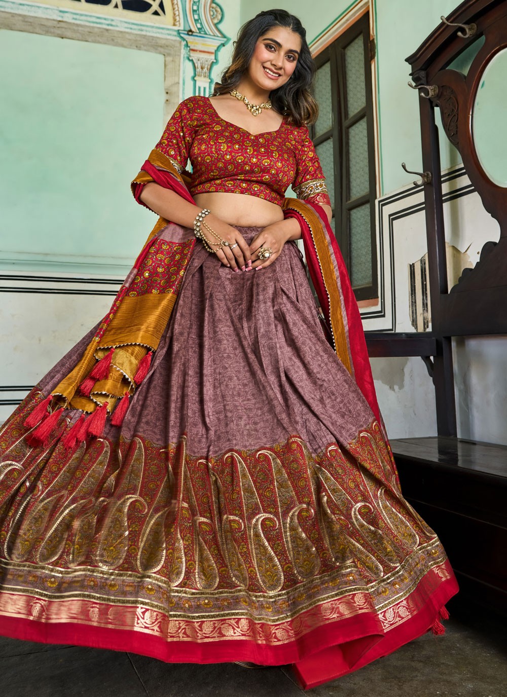 Foliage Prints Tussar Silk A - Line Lehenga - L1705