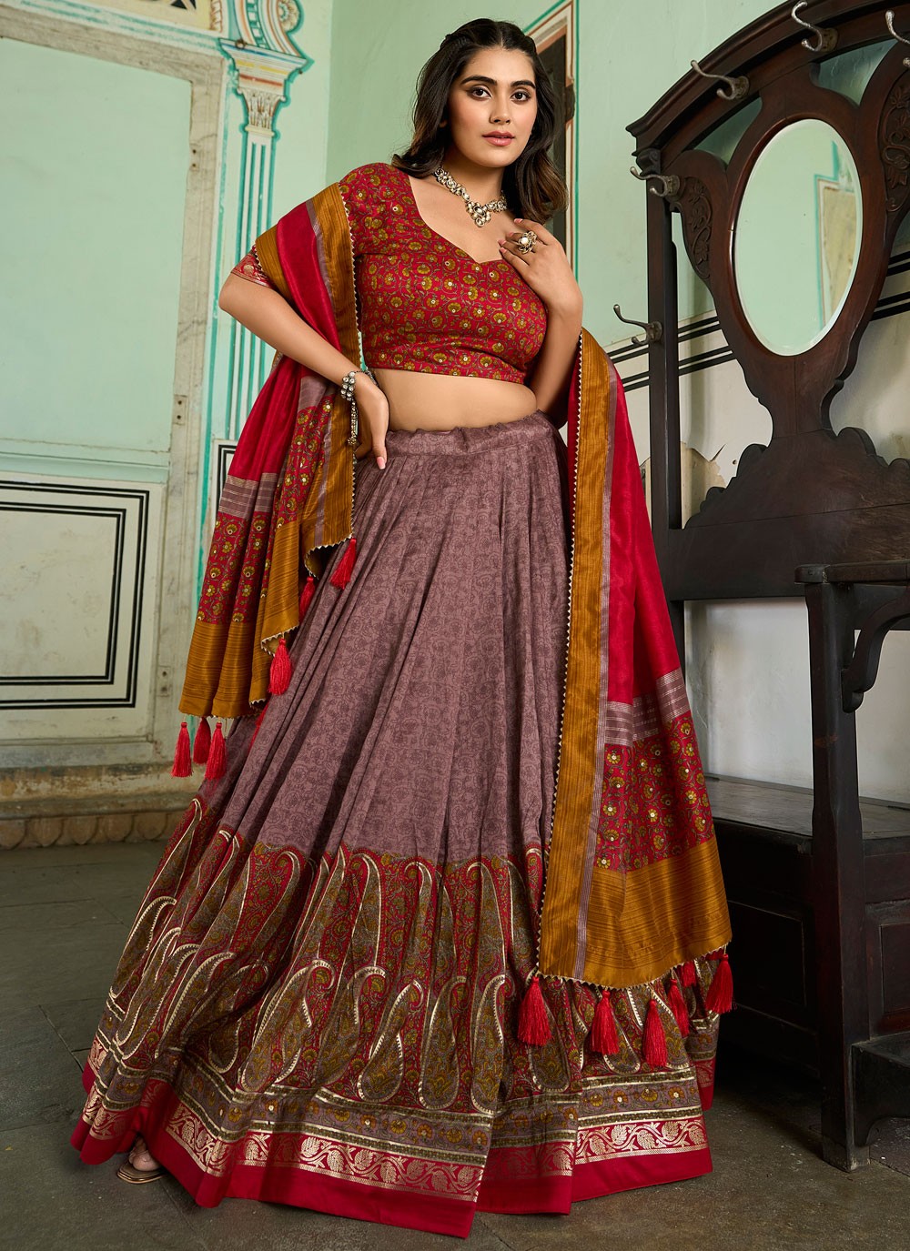 Foliage Prints Tussar Silk A - Line Lehenga - L1705