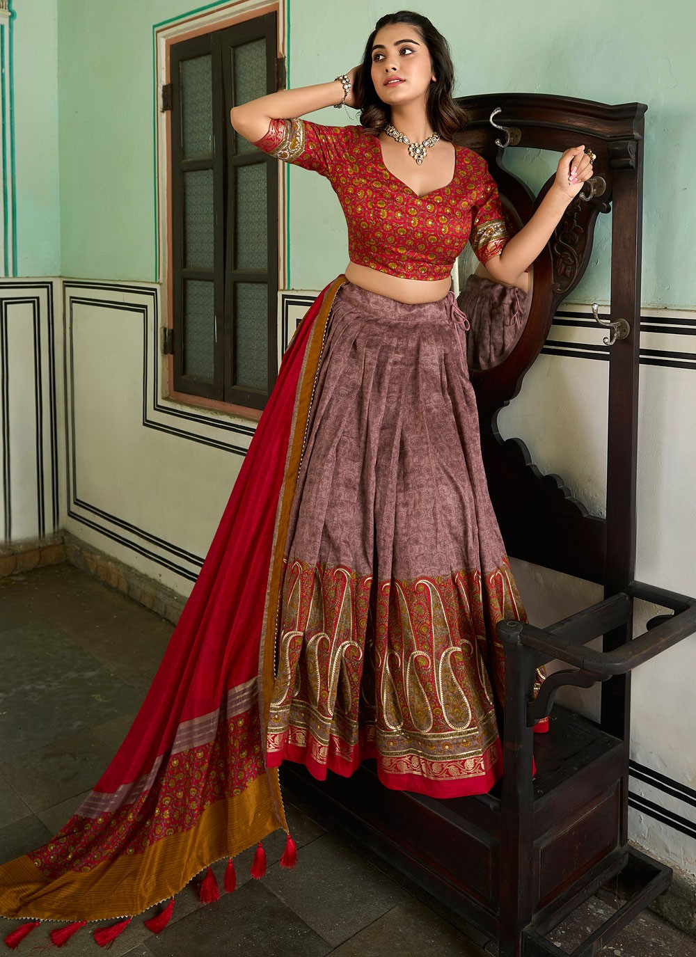 Foliage Prints Tussar Silk A - Line Lehenga - L1705