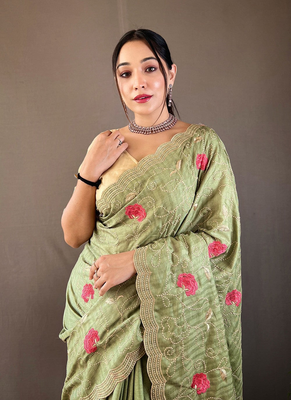 Traditional Embroidered Tussar Silk Saree - S5958