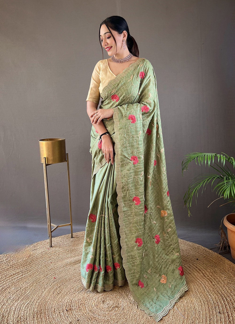 Traditional Embroidered Tussar Silk Saree - S5958