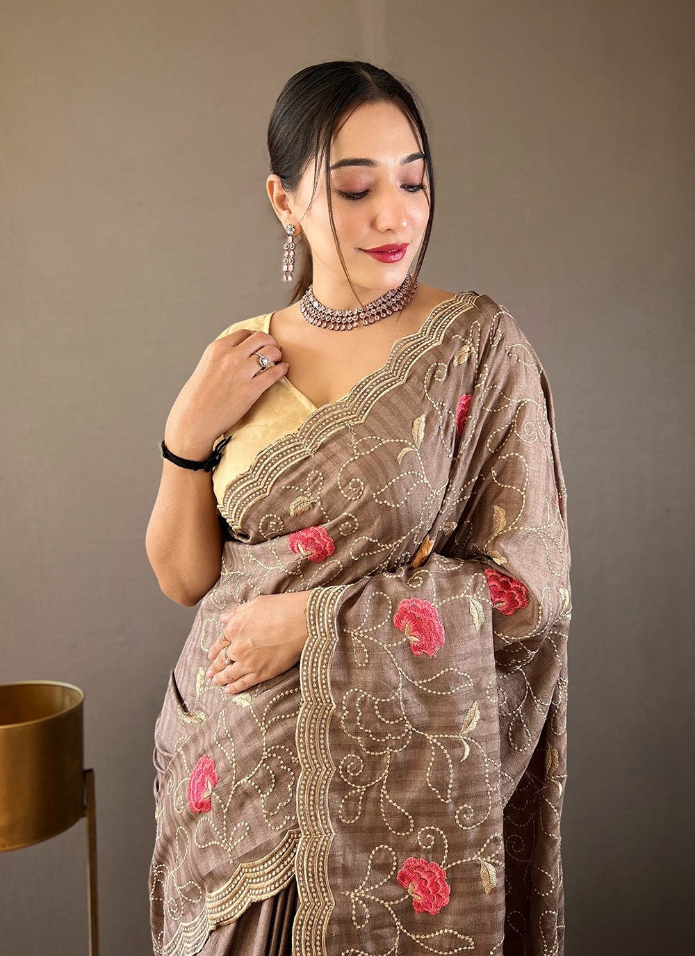 Traditional Embroidered Tussar Silk Saree - S5958