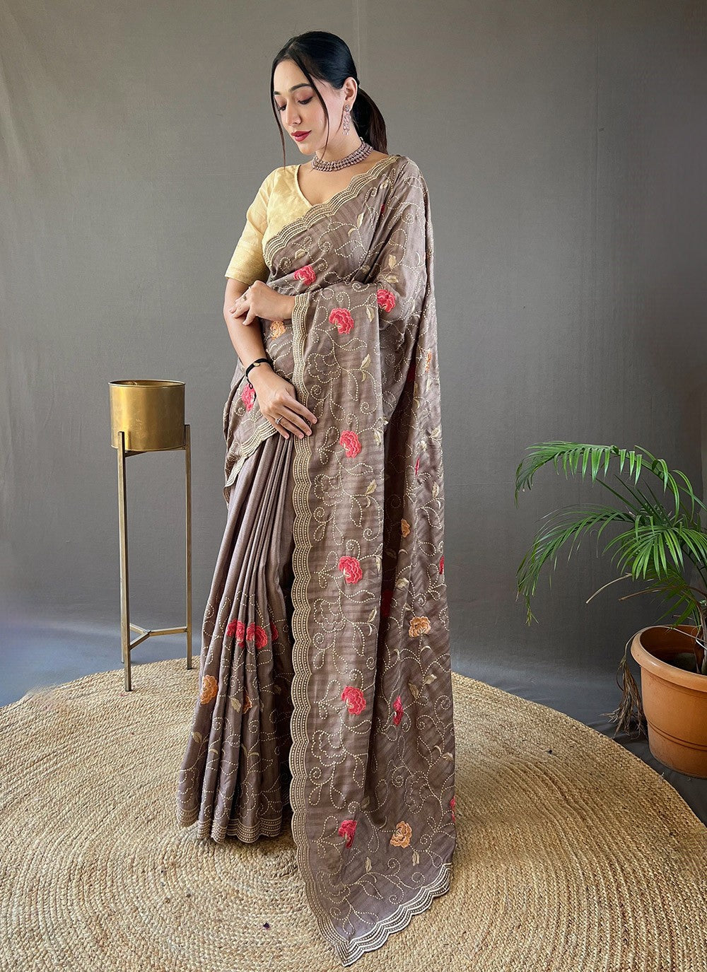 Traditional Embroidered Tussar Silk Saree - S5958