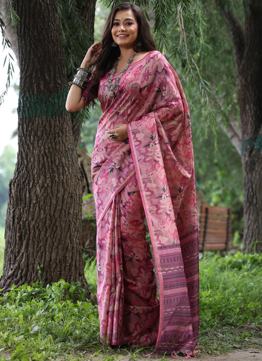 Trendy Printed Tussar Silk Peach, Pink Saree - S10788