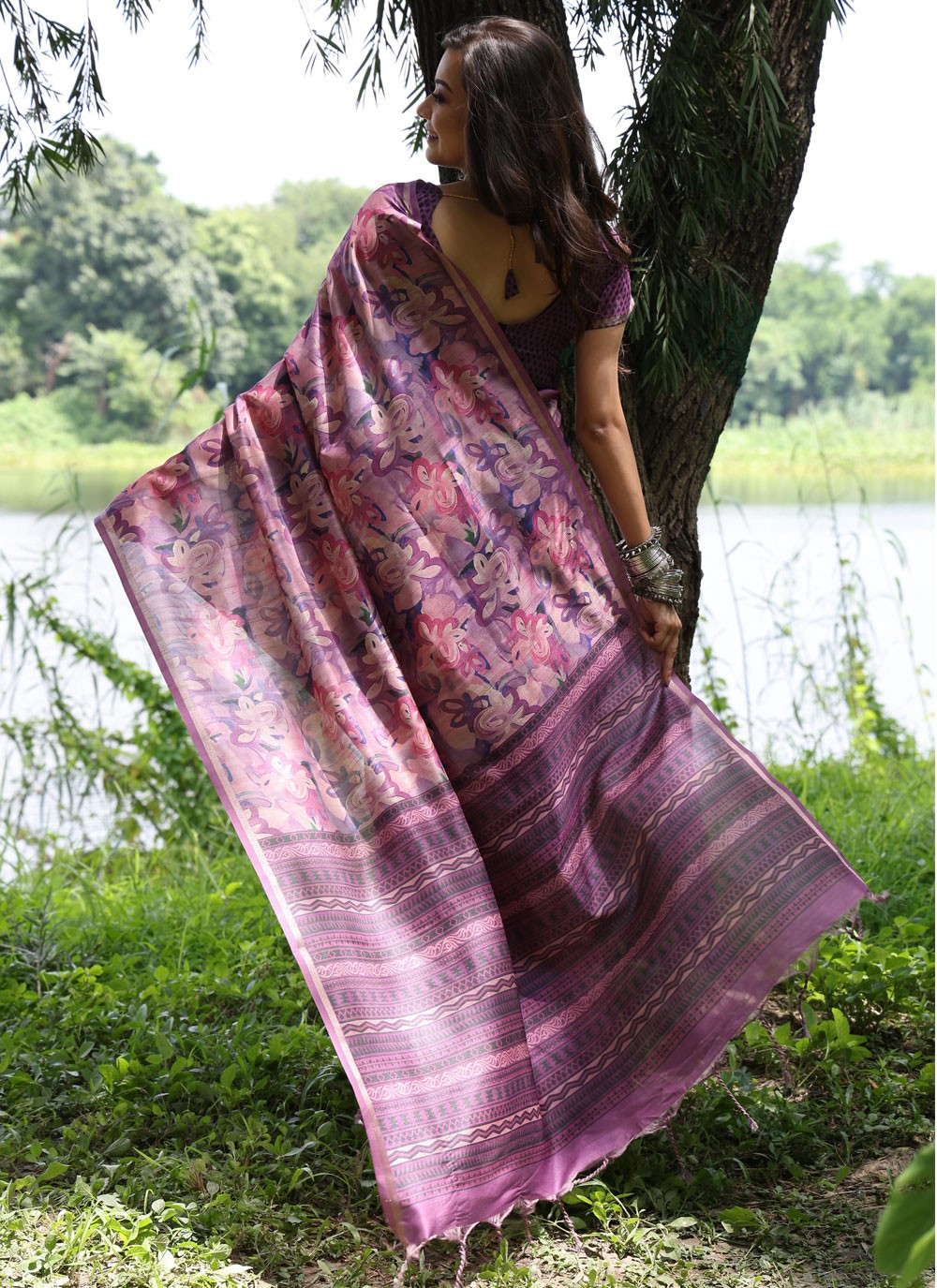 Trendy Printed Tussar Silk Peach, Pink Saree - S10788