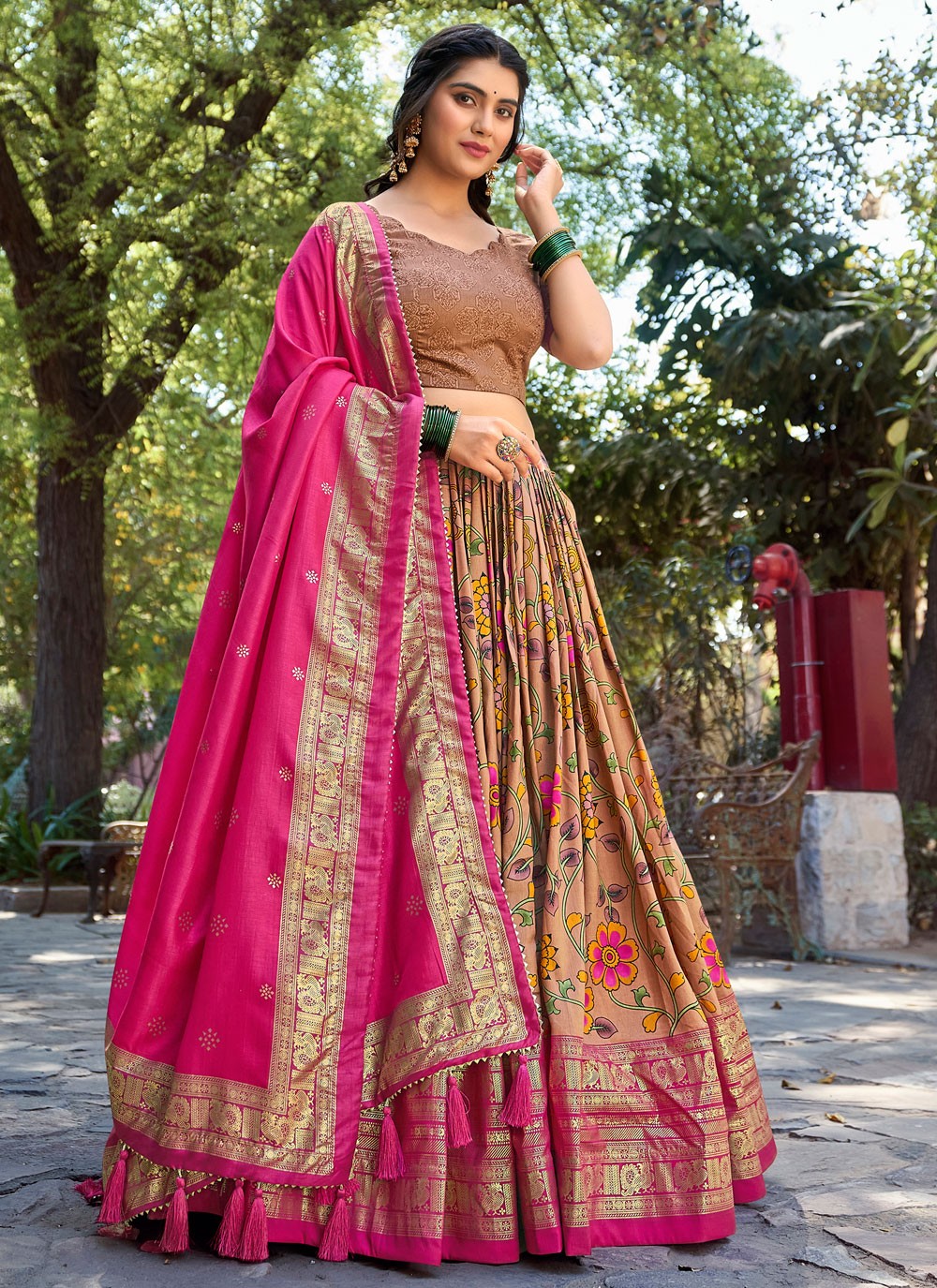 Foliage Prints Tussar Silk A - Line Lehenga - L1666