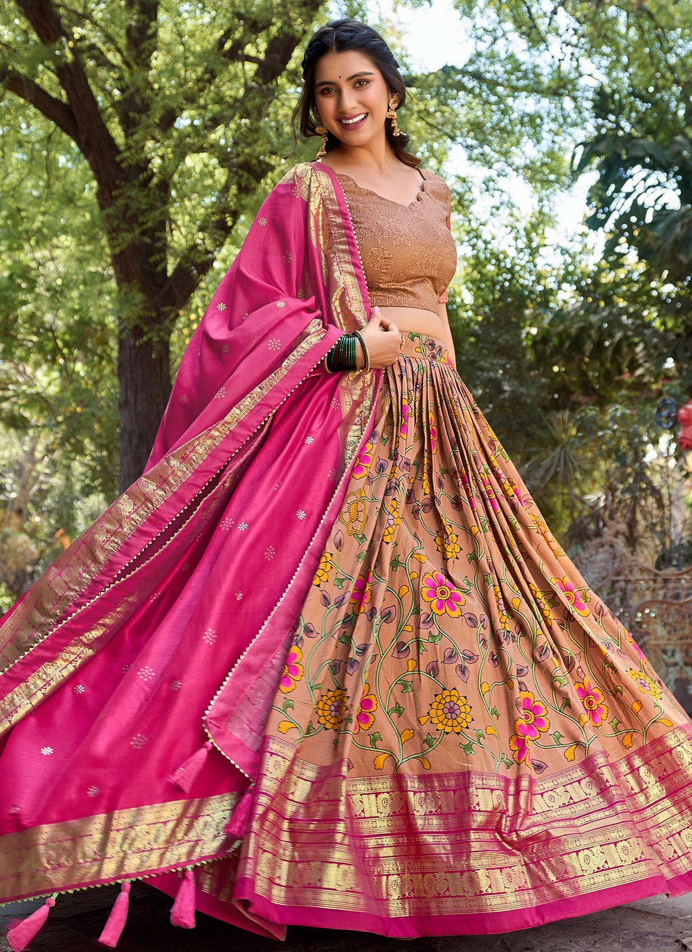 Foliage Prints Tussar Silk A - Line Lehenga - L1666