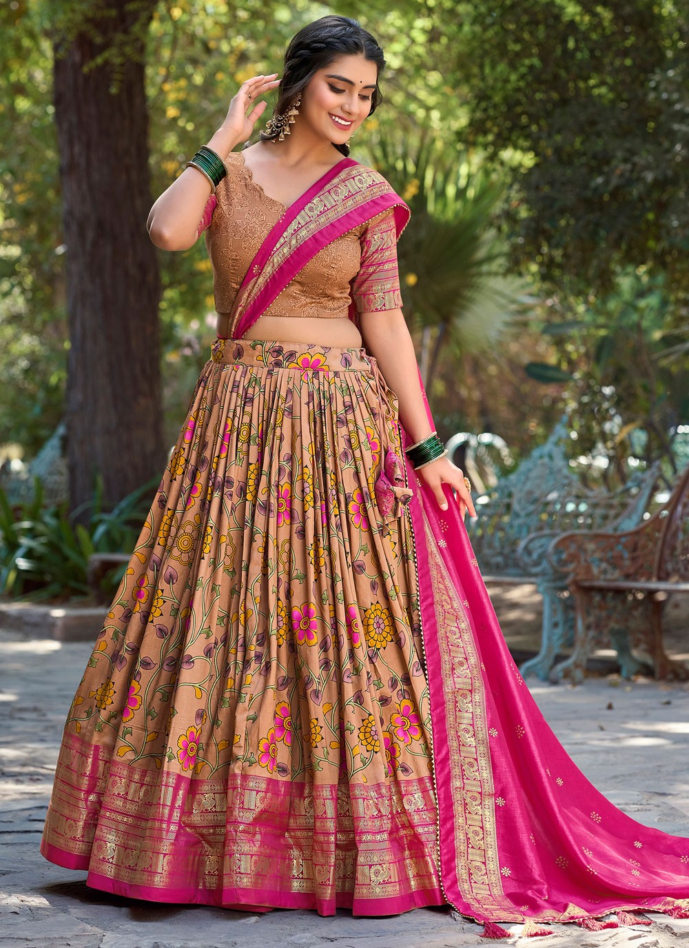 Foliage Prints Tussar Silk A - Line Lehenga - L1666