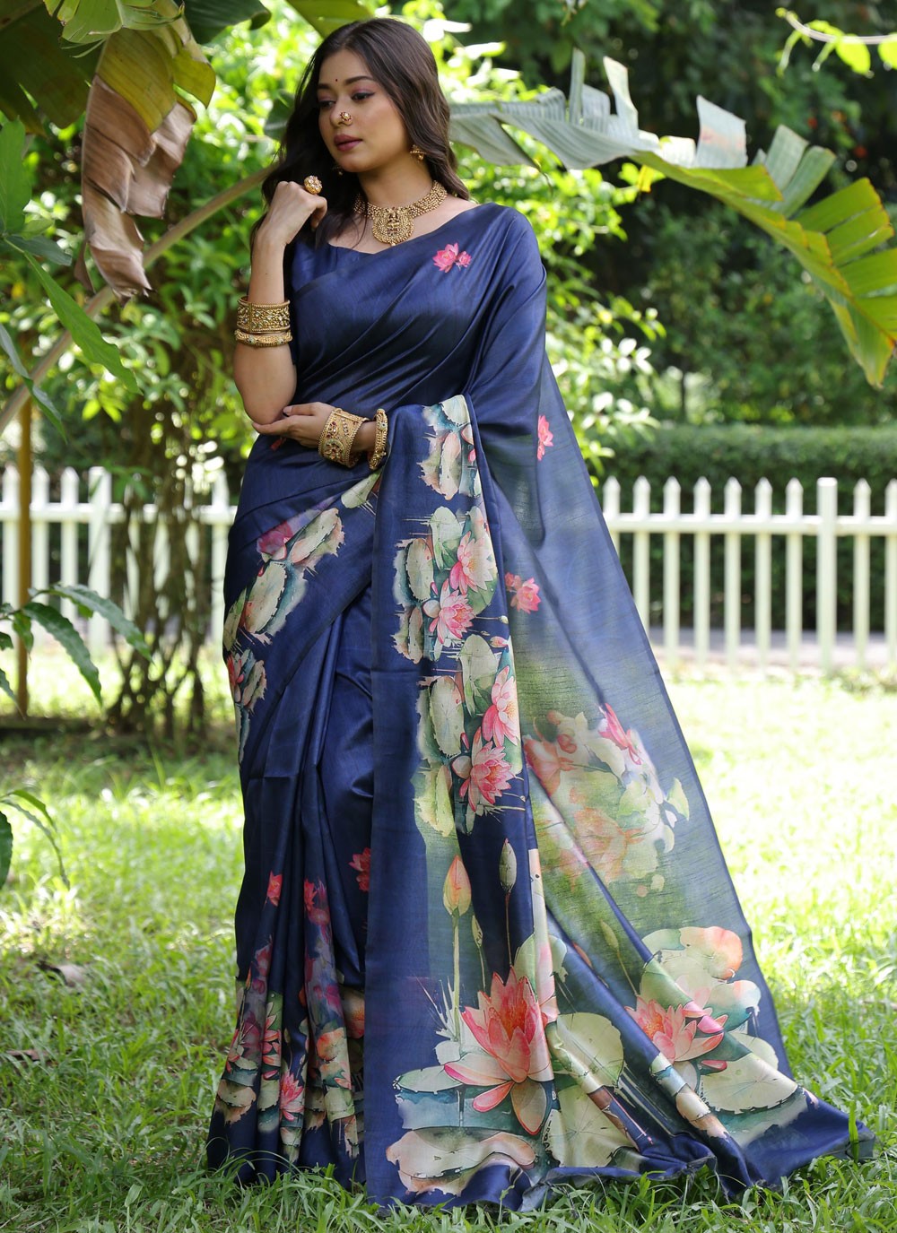 Trendy Printed Tussar Silk Navy Blue Saree - S10815