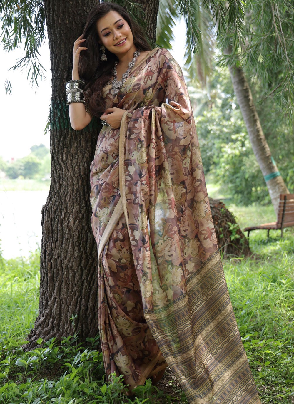 Trendy Printed Tussar Silk Peach, Pink Saree - S10788