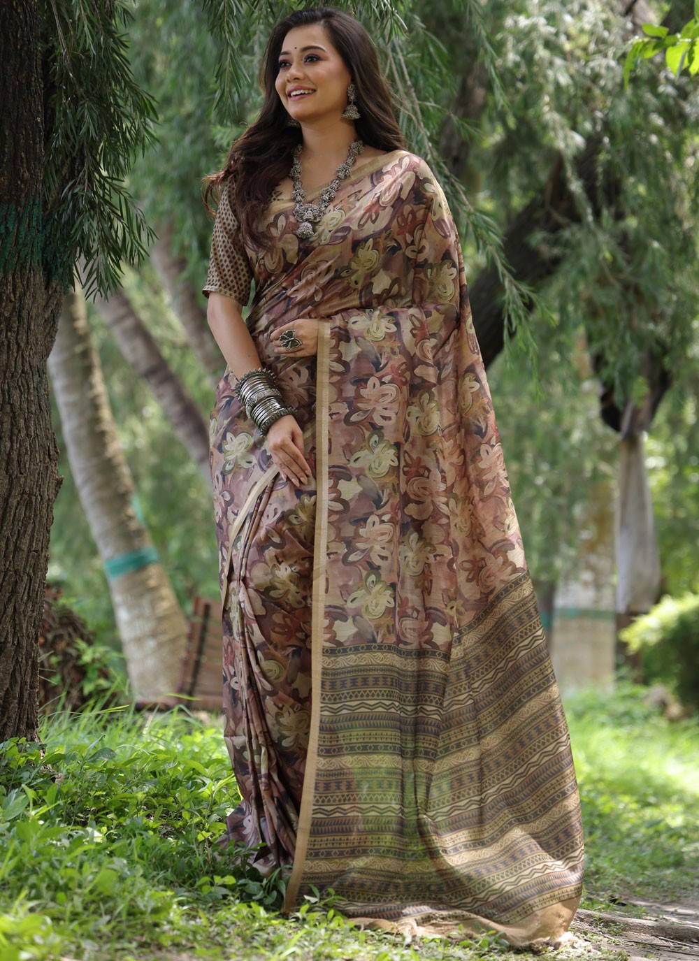 Trendy Printed Tussar Silk Peach, Pink Saree - S10788