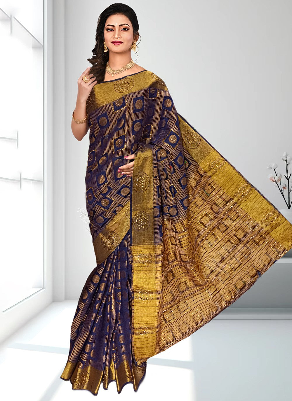 Contemporary Embroidered Kanjivaram Silk Saree - S4602