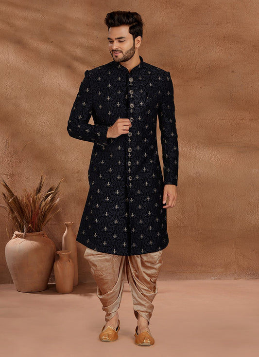 Fancy Work Velvet Blue Indo Western Sherwani - M2785