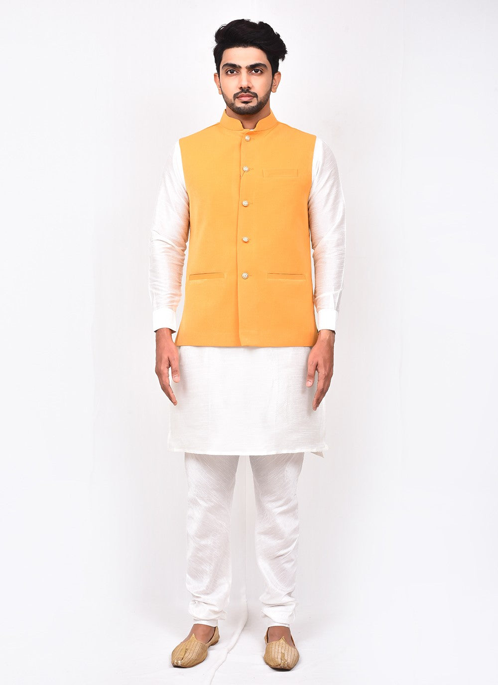 Buttons Art Silk, Velvet White, Yellow Kurta Payjama With Jacket - M3264