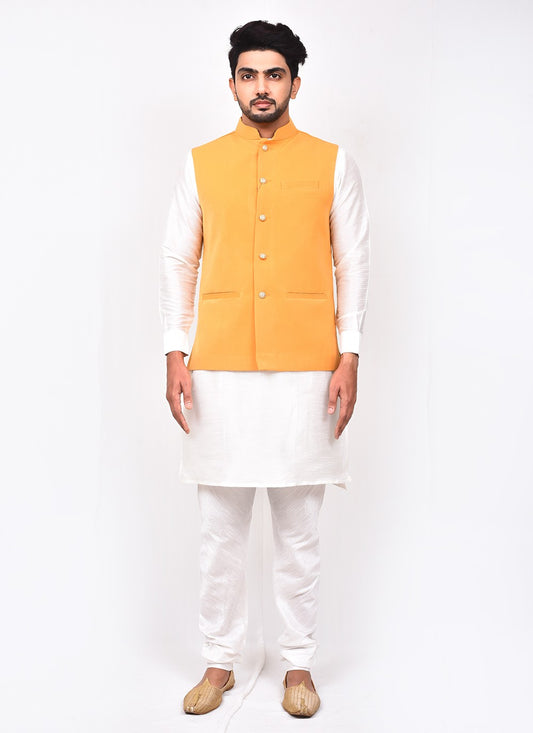 Buttons Art Silk, Velvet White, Yellow Kurta Payjama With Jacket - M3264