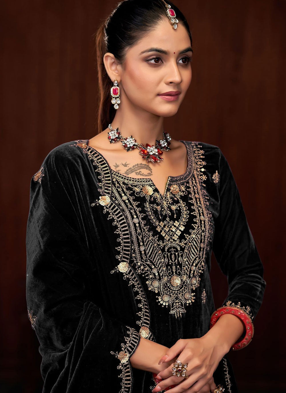 Embroidered Velvet Palazzo Suit - T4532