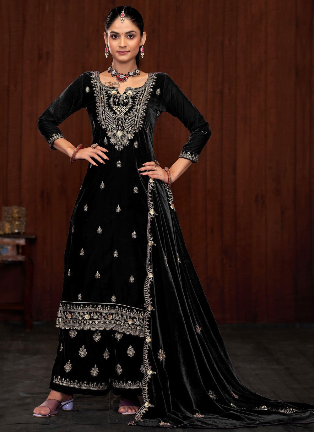 Embroidered Velvet Palazzo Suit - T4532