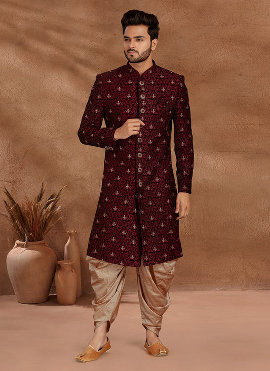 Fancy Work Velvet Maroon Indo Western Sherwani - M2786