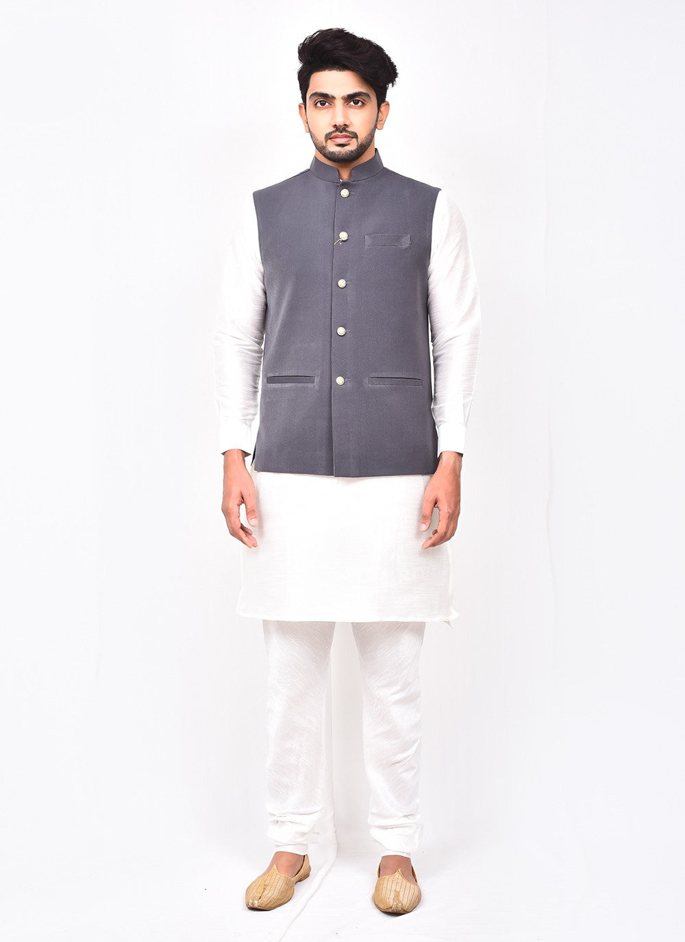 Buttons Art Silk, Velvet Grey, White Kurta Payjama With Jacket - M3265