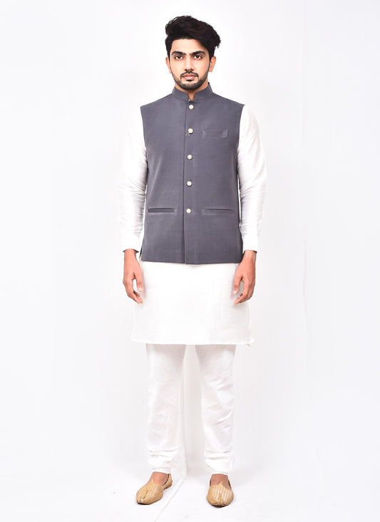 Buttons Art Silk, Velvet Grey, White Kurta Payjama With Jacket - M3265