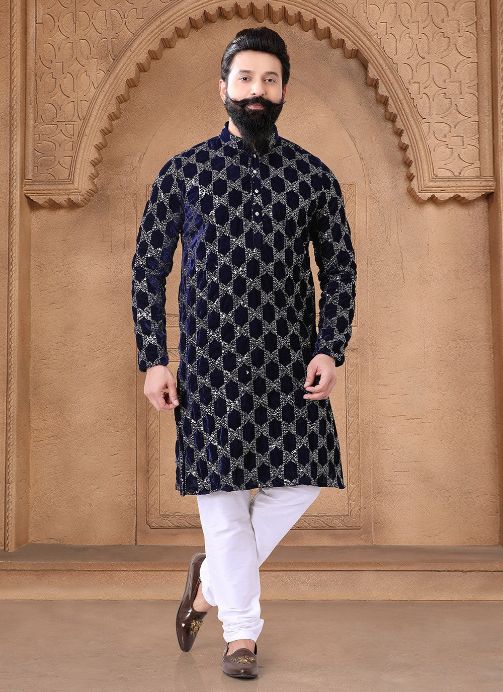 Embroidered Velvet Navy Blue Kurta Pyjama - M7608