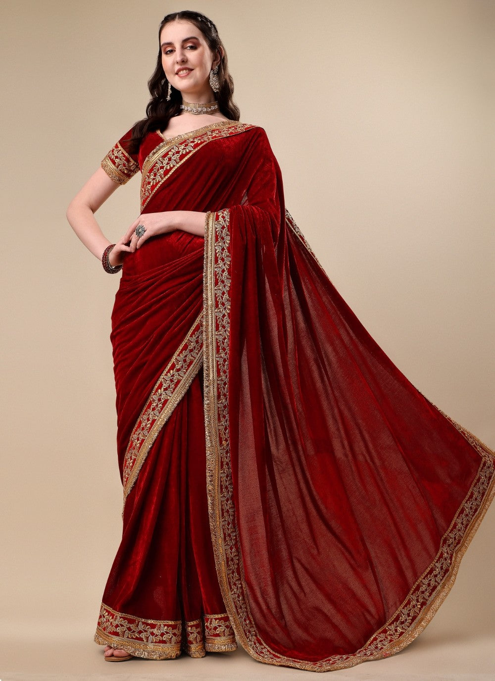 Traditional Embroidered Velvet Saree - S4925