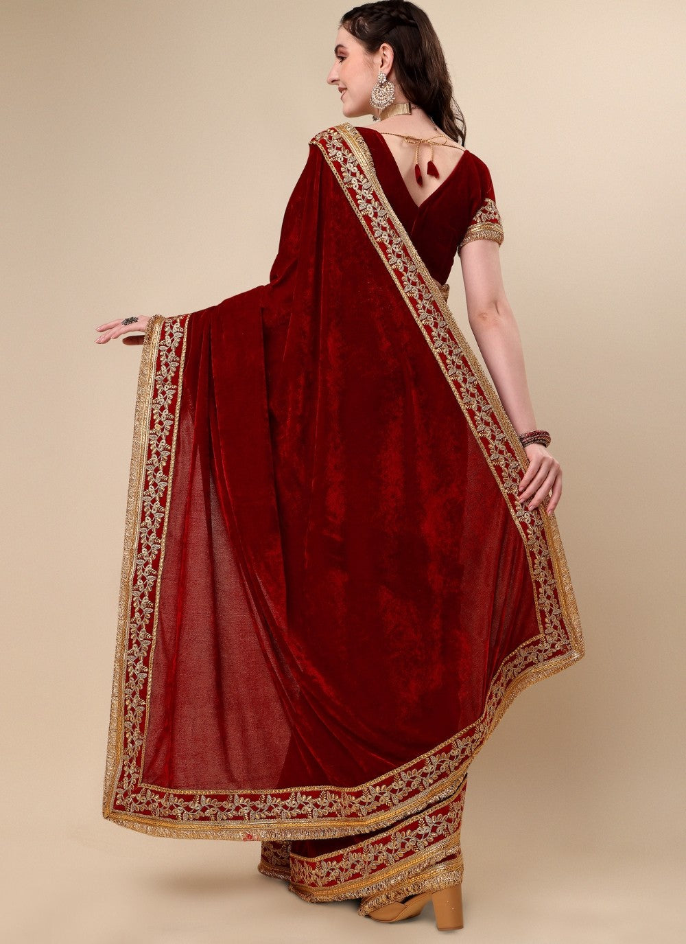 Traditional Embroidered Velvet Saree - S4925