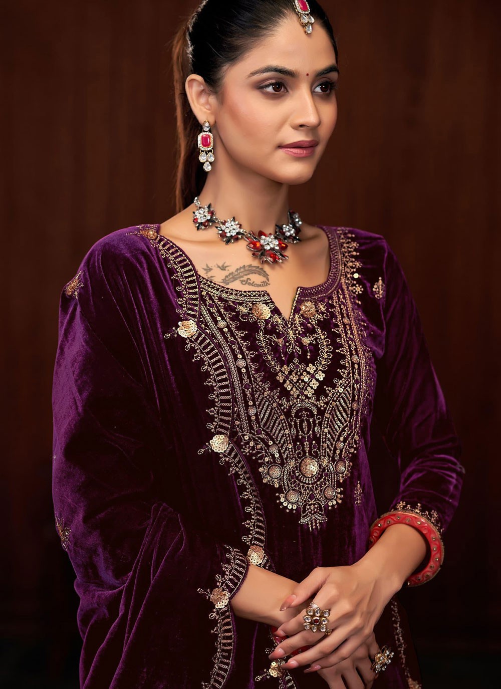 Embroidered Velvet Palazzo Suit - T4532