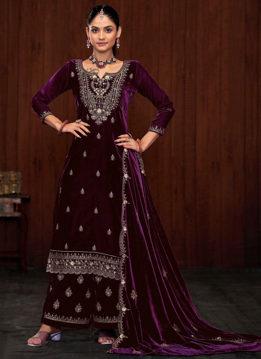 Embroidered Velvet Palazzo Suit - T4532