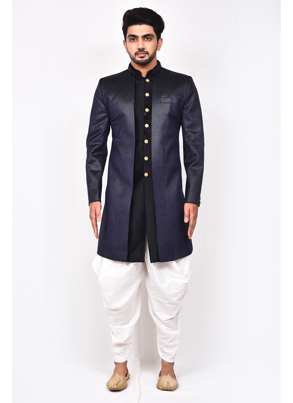 Buttons Velvet Navy Blue Indo Western Sherwani - M3286