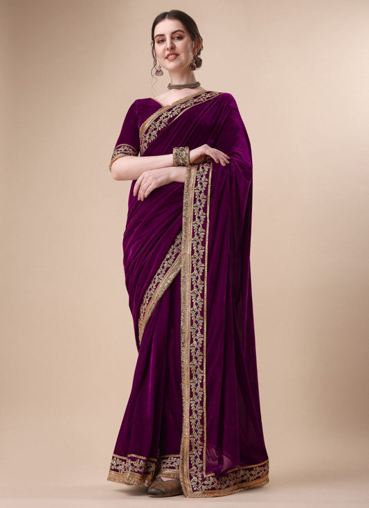 Traditional Embroidered Velvet Saree - S4925