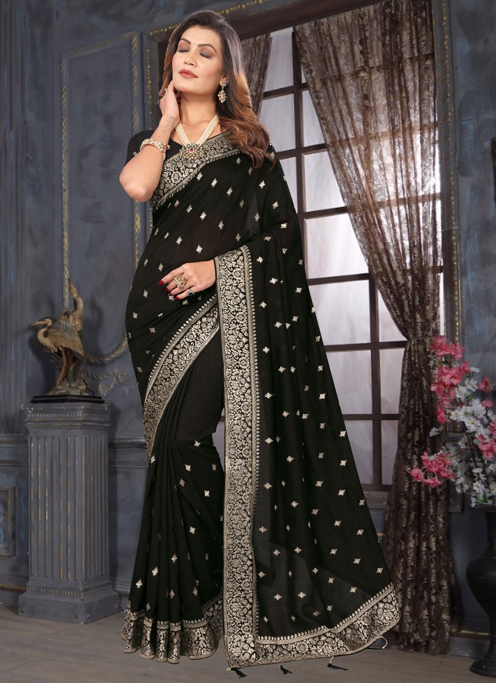 Classic Embroidered Vichitra Silk Saree - S7585