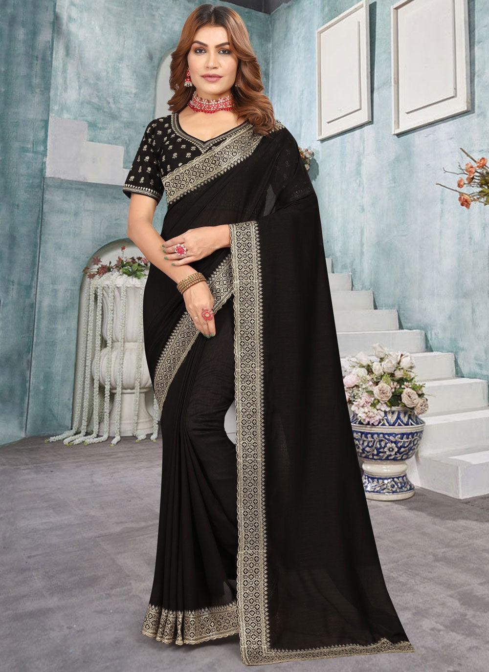 Classic Embroidered Vichitra Silk Saree - S10372