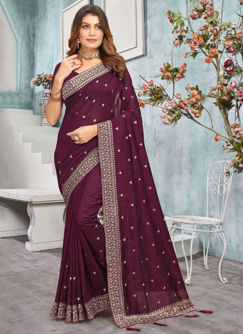 Classic Border Work Vichitra Silk Saree - S7668