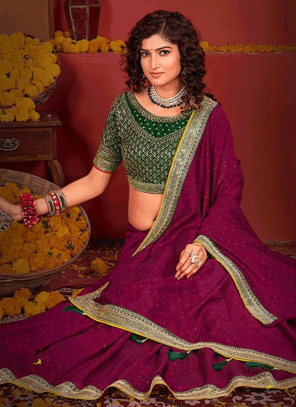 Traditional Border Work Vichitra Silk Purple Saree - S10963