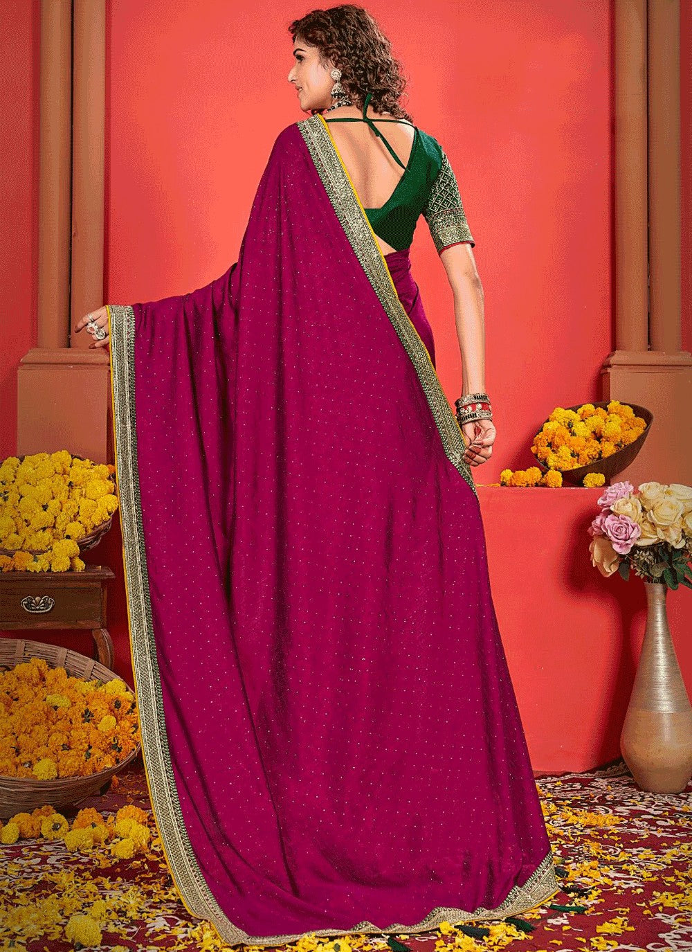 Traditional Border Work Vichitra Silk Purple Saree - S10963