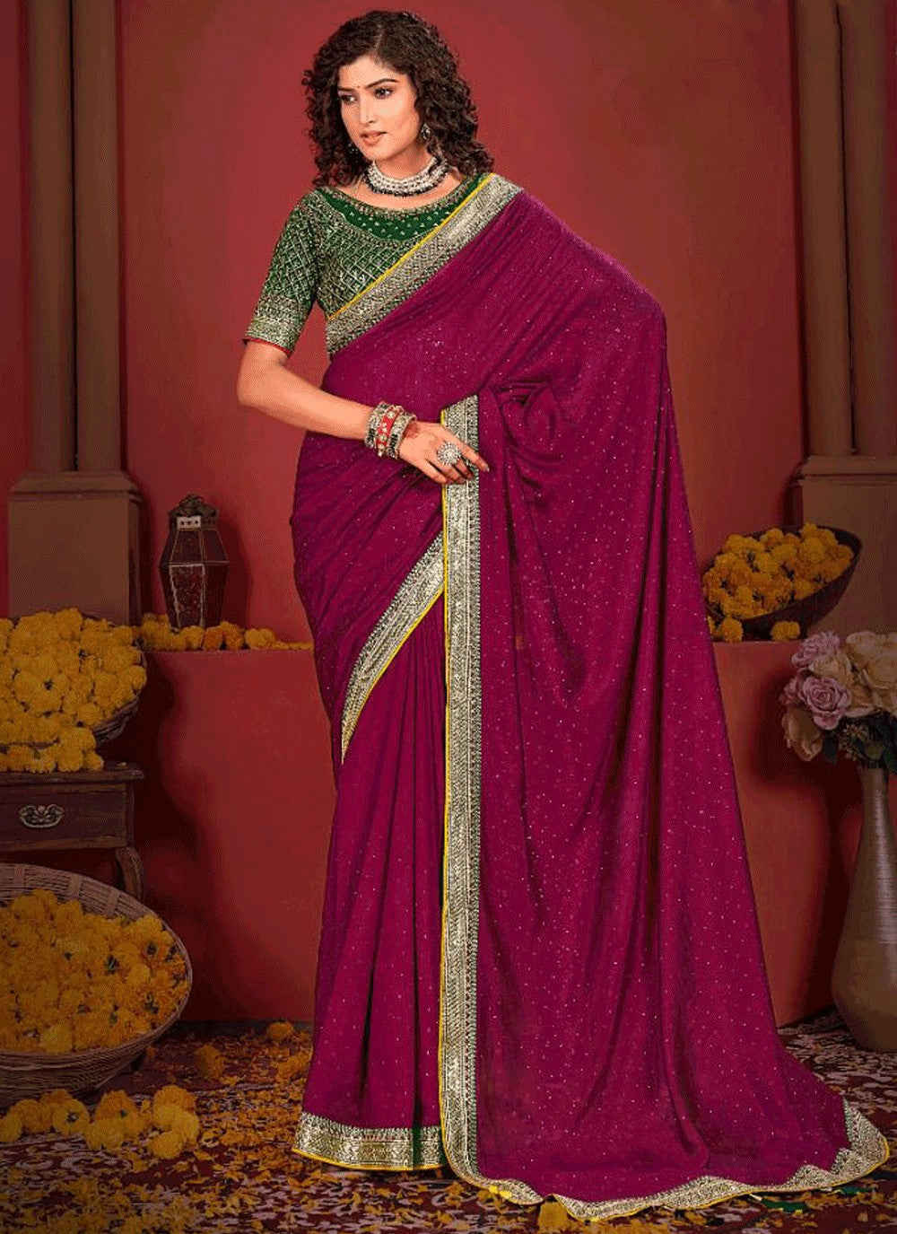 Traditional Border Work Vichitra Silk Purple Saree - S10963