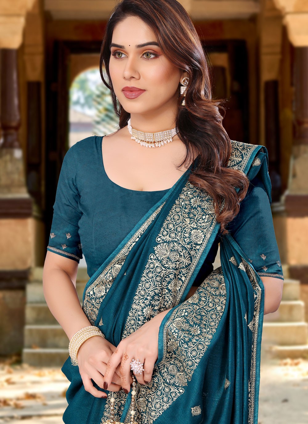 Classic Embroidered Vichitra Silk Saree - S6765