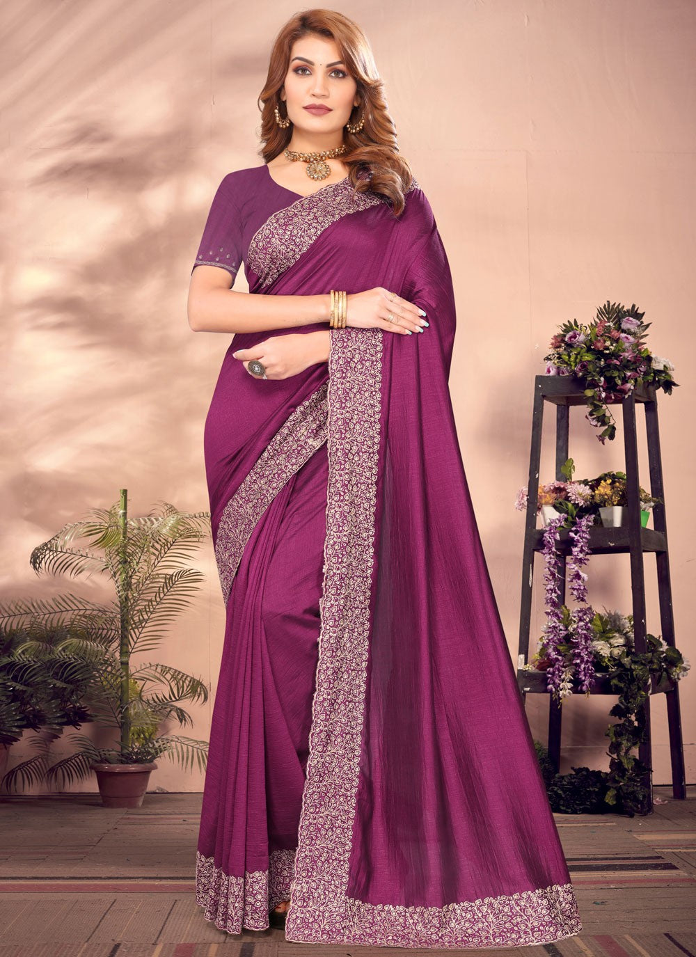 Classic Embroidered Vichitra Silk Saree - S8650