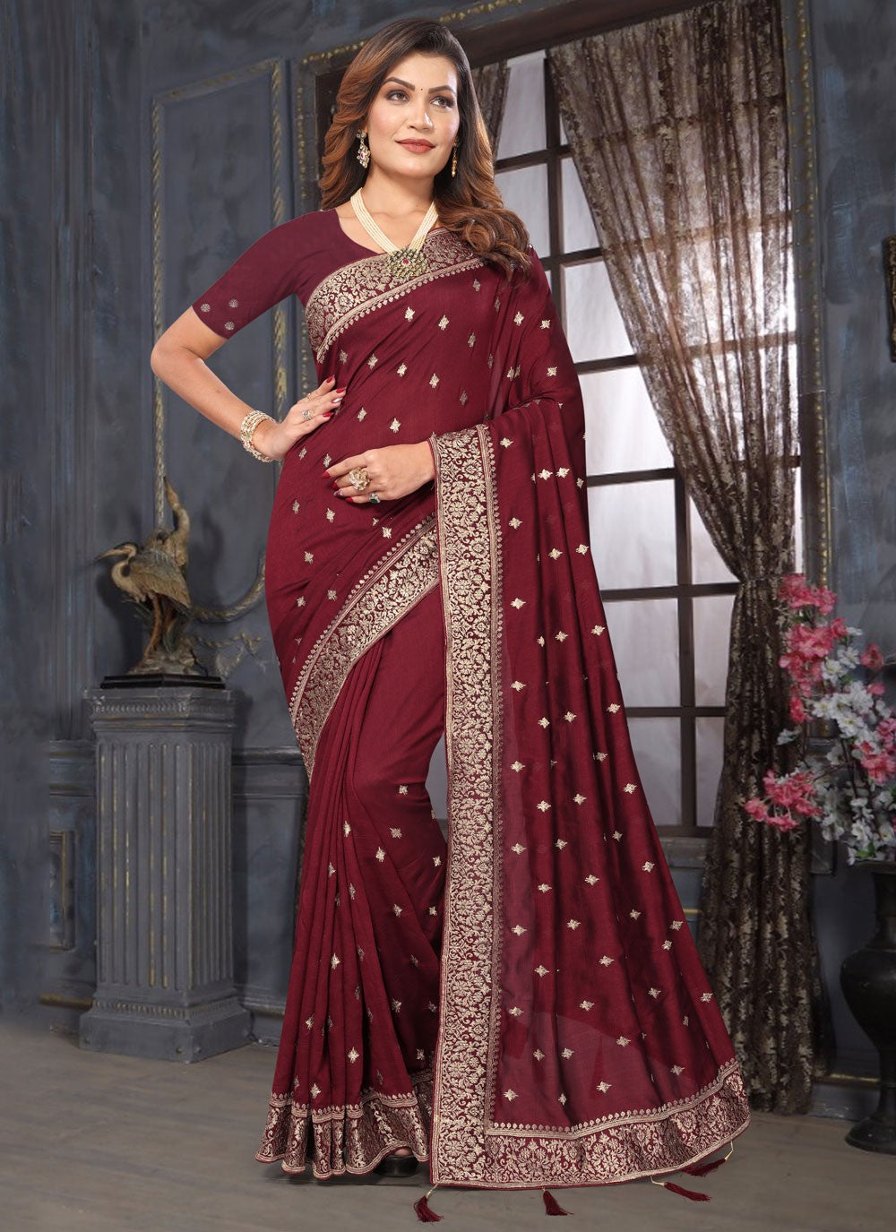 Classic Embroidered Vichitra Silk Saree - S7585