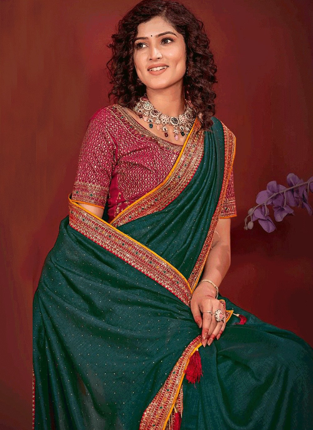 Traditional Border Work Vichitra Silk Purple Saree - S10963