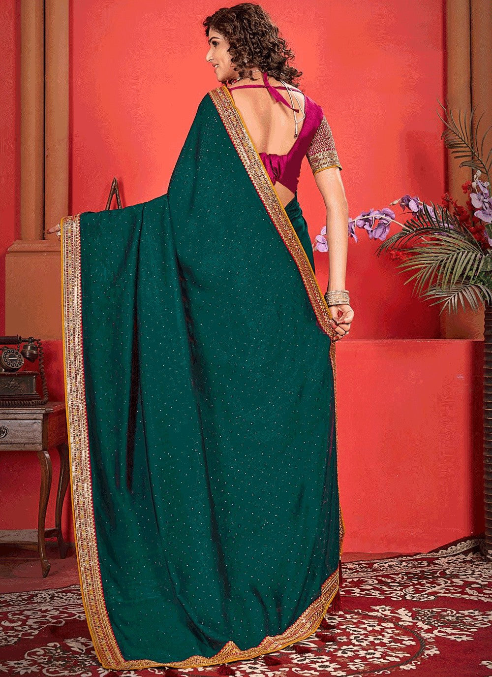 Traditional Border Work Vichitra Silk Purple Saree - S10963