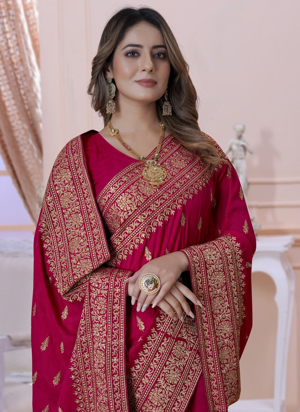 Classic Embroidered Vichitra Silk Saree - S3619