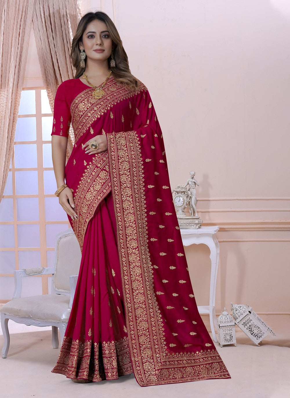 Classic Embroidered Vichitra Silk Saree - S3619