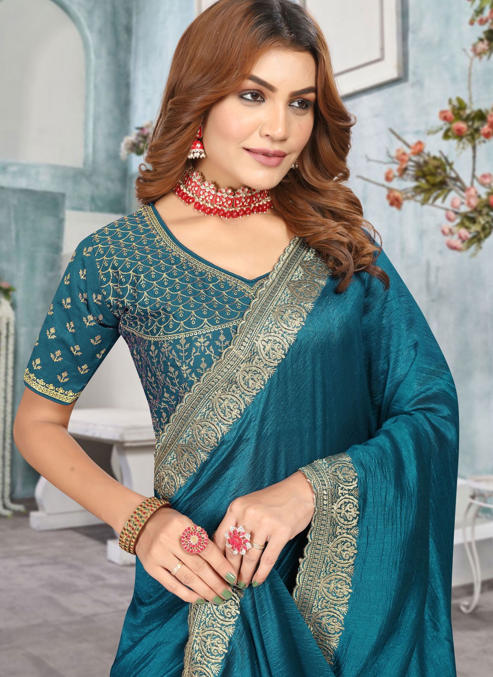 Classic Embroidered Vichitra Silk Saree - S10372